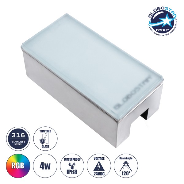 GLOBOSTAR® CYBOLITHOS 60953 Χωνευτό Αρχιτεκτονικο Φωτιστικό Σποτ Δαπέδου LED 4W 340lm 120° DC 24V Αδιάβροχο IP68 IK06 Πολύχρωμο RGB Dimmable - Bridgelux SMD Chip - Γαλακτερό Tempered Glass & Ανοξείδωτο Ατσάλι SS316 - Μ20 x Π10x Υ8cm / Q20 x 10cm - 3 Χρόνι