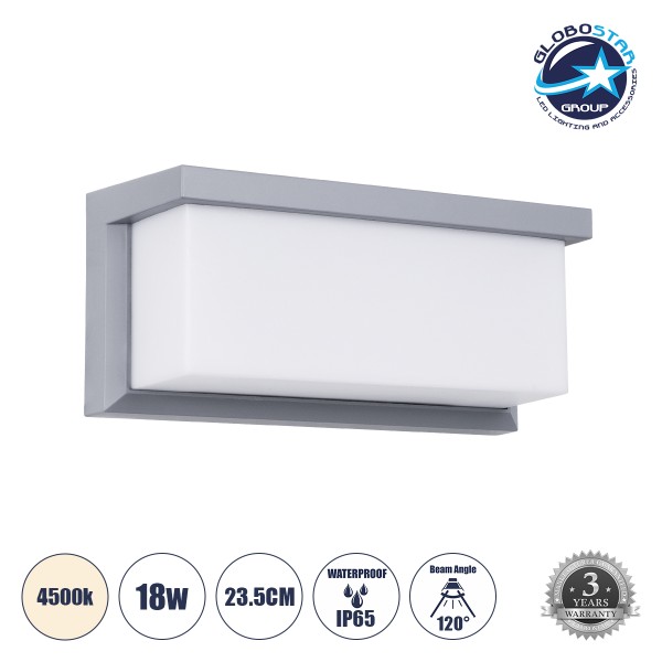 GLOBOSTAR® CITYSCAPE 60698 Φωτιστικό Τοίχου - Απλίκα Εσωτερικού/Εξωτερικού Χώρου LED 18W 1890lm 120° AC175-265V Αδιάβροχο IP65 - Πλαστικό Σώμα - Φυσικό λευκό 4500K - Μ23.5 x Π11 x Υ10cm - Γκρι - Bridgelux Chip - 3 Χρόνια Εγγύηση