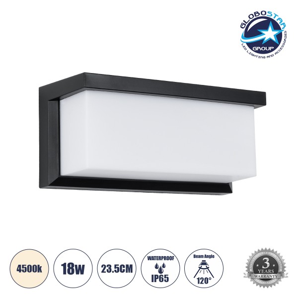 GLOBOSTAR® CITYSCAPE 60699 Φωτιστικό Τοίχου - Απλίκα Εσωτερικού/Εξωτερικού Χώρου LED 18W 1890lm 120° AC175-265V Αδιάβροχο IP65 - Πλαστικό Σώμα - Φυσικό λευκό 4500K - Μ23.5 x Π11 x Υ10cm - Μαύρο - Bridgelux Chip - 3 Χρόνια Εγγύηση