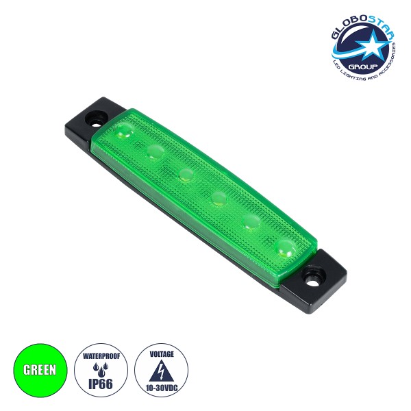 GLOBOSTAR® SIDEMARKER 79902 Φώτα Όγκου Οχημάτων LED 1.5W 75lm 120° DC 10-30V Αδιάβροχο IP66 Πράσινο - 6 x SMD2835 Sanan Chip - Μ9.5 x Π2 x Υ1.1cm - 1 Χρόνο Εγγύηση