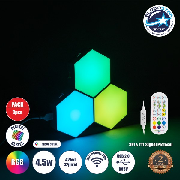 GloboStar® DIGIOCTA 90447 Σετ 3 Ψηφιακων LED RGB Φωτιστικών Κυψελών με Ψηφιακό Controller με WiFi Smart APP & Ασύρματο Χειριστήριο RF 2.4Ghz - LED SMD 5050 4.5W/Σετ 42PIXEL/Σετ 360lm/Σετ 120° DC 5V με USB 2.0 IP20 Πολύχρωμο RGB - Dimmable - Μ10.5 x Π10.5 