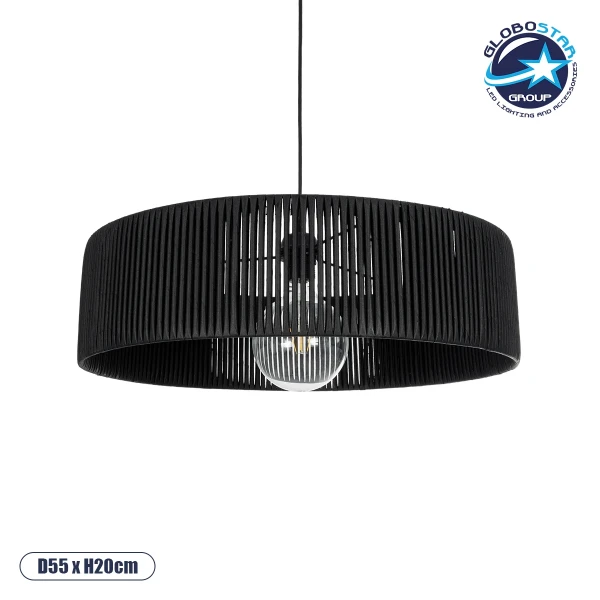 GloboStar® KYCLOS 203-0046 Boho Κρεμαστό Φωτιστικό Καπέλο Μονόφωτο 1 x E27 IP20 Μαύρο Rattan - M55 x Π55 x Υ20cm