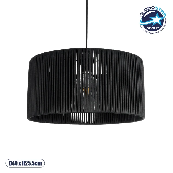 GloboStar® KYCLOS 203-0048 Boho Κρεμαστό Φωτιστικό Καπέλο Μονόφωτο 1 x E27 IP20 Μαύρο Rattan - M40 x Π40 x Υ25.5cm