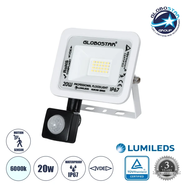 GLOBOSTAR® AURORA 61438 Προβολέας με Ανιχνευτή PIR / Αισθητήρα Κίνησης LED 20W 2500lm 120° AC 220-240V Αδιάβροχο IP67 Ψυχρό Λευκό 6000K - Lumileds SMD Chip - TÜV Rheinland Certified - Λευκό Ματ - Μ12 x Π5 x Υ14.5cm - 3 Χρόνια Εγγύηση
