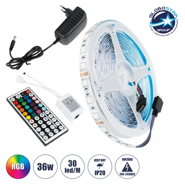 GLOBOSTAR® CHROMAWAVE 70411 Σετ Ταινίας με IR Ασύρματο Χειριστήριο & Τροφοδοτικό LED 36W/5m 2880lm/5m 120° AC 220-240V IP20 150 x SMD5050 Chip/5m Πολύχρωμο RGB Dimmable - Μ500 x Π1 x Υ0.2cm - Ρολό 5 Μέτρων - 2 Χρόνια Εγγύηση
