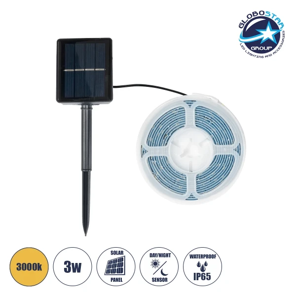 GLOBOSTAR® SOLARSTRIP 70420 Σετ Ταινίας με Αισθητήρα Ημέρας-Νύχτας LED 3W 120lm 120° DC 5V με Φωτοβολταϊκό Panel 5V 0.3W Αδιάβροχο IP65 90 x SMD2835 Chip Θερμό Λευκό 2700K Dimmable - Sanan SMD Chip - Μ300 x Π0.8 x Υ0.3cm - Ρολό 3 Μέτρων - 2 Χρόνια Εγγύηση