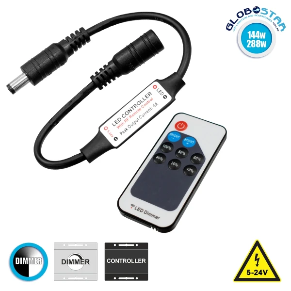 GLOBOSTAR® DIMMEROLI 73308 Dimmer με RF Ασύρματο Χειριστήριο με 1 x 6A 144W Κανάλι DC 5-24V 6A 144W Max IP20 - RF2.4Ghz - Μ25 x Π1.3 x Υ0.5cm - 2 Χρόνια Εγγύηση