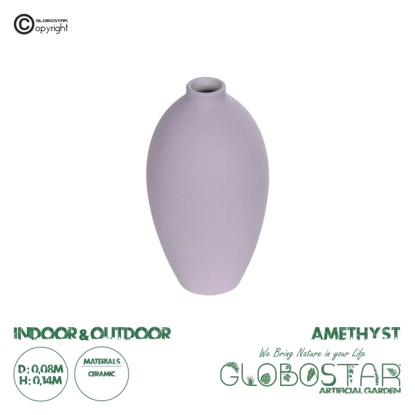 GloboStar® Artificial Garden AMETHYST 21267 Διακοσμητικό Κεραμικό Βάζo Μωβ Π8 x Μ8 x Υ14cm