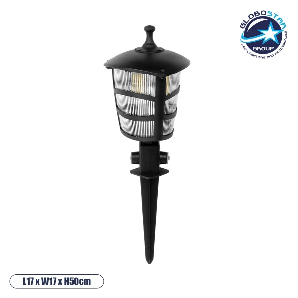 GloboStar® ZARDIN 203-0208 Vintage Καρφωτό Φωτιστικό Φαναράκι Μονόφωτο 1 x E27 IP44 Μαύρο & Διάφανο Πλαστικό - Μ17 x Π17 x Υ45cm