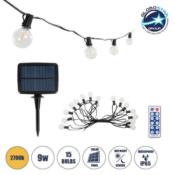 GLOBOSTAR® TWILIGHT 79667 Μοντέρνο Φωτιστικό Κήπου Γιρλάντα 7.7m με 15 Λάμπες & IR Ασύρματο Χειριστήριο LED 9W 810lm 360° DC 3.7V με Φωτοβολταϊκό Panel 5.5V 1.5W & Επαναφορτιζόμενη Μπαταρία Li-ion 3.6V 1x18650 2200mAh Αδιάβροχο IP65 Θερμό Λευκό 2700Κ Dimm