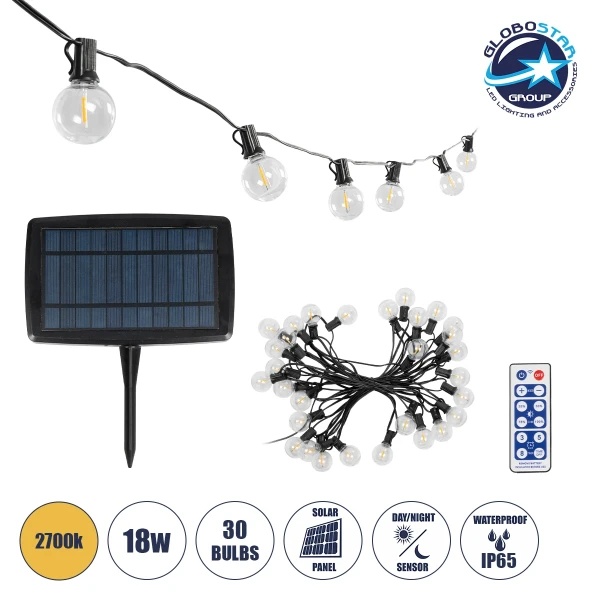 GLOBOSTAR® TWILIGHT 79668 Μοντέρνο Φωτιστικό Κήπου Γιρλάντα 10.5m με 30 Λάμπες & IR Ασύρματο Χειριστήριο LED 18W 1620lm 360° DC 3.7V με Φωτοβολταϊκό Panel 5.5V 3W & Επαναφορτιζόμενη Μπαταρία Li-ion 3.6V 2x18650 4400mAh Αδιάβροχο IP65 Θερμό Λευκό 2700Κ Dim