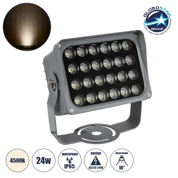 GLOBOSTAR® FLOODXENA 90129 Προβολέας Σποτ Wall Washer LED 24W 2760lm 10° AC 220-240V Αδιάβροχο IP65 Φυσικό Λευκό 4500K - Bridgelux SMD Chip - Γκρι Ανθρακί - Μ18 x Π13.5 x Υ18cm - 3 Χρόνια Εγγύηση