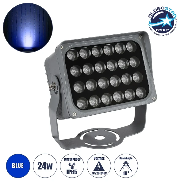 GLOBOSTAR® FLOODXENA 90131 Προβολέας Σποτ Wall Washer LED 24W 2040lm 10° AC 220-240V Αδιάβροχο IP65 Μπλε - Bridgelux SMD Chip - Γκρι Ανθρακί - Μ18 x Π13.5 x Υ18cm - 3 Χρόνια Εγγύηση