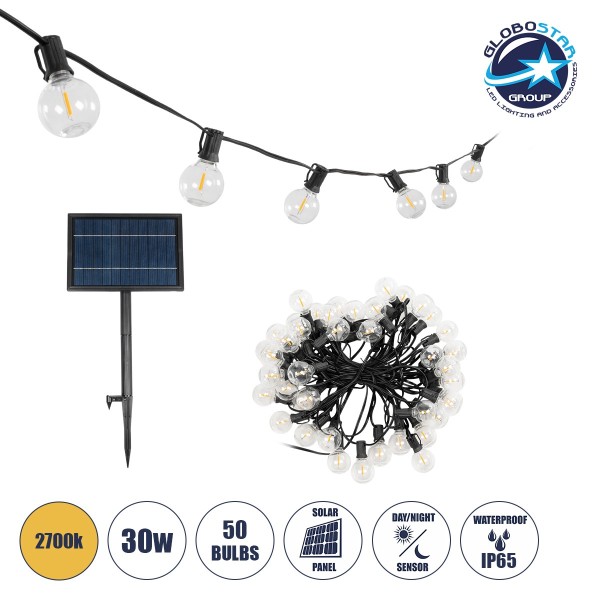 GLOBOSTAR® TWILIGHT 79669 Μοντέρνο Φωτιστικό Κήπου Γιρλάντα 14.5m με 50 Λάμπες LED 30W 2700lm 360° DC 3.7V με Ενσωματωμένο Φωτοβολταϊκό Panel 5.5V 5W & Επαναφορτιζόμενη Μπαταρία Li-ion 3.7V 3x18650 6600mAh Αδιάβροχο IP65 Θερμό Λευκό 2700Κ Dimmable - Sanan