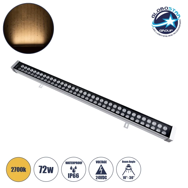GLOBOSTAR® WASHERMOZA 90165 Μπάρα Φωτισμού Wall Washer LED 72W 7920lm 10-30° DC 24V Αδιάβροχο IP66 Θερμό Λευκό 2700K Dimmable - Bridgelux SMD Chip - Γκρι Ανθρακί - Μ100 x Π8 x Υ12.5cm - 3 Χρόνια Εγγύηση