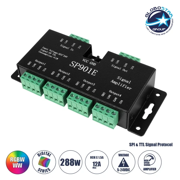 GloboStar® RGBCONTROLLER 73446 LED Digital RGB Ενισχυτής Σήματος SP901E LED Pixel WS2812B WS2811 SPI Signal Amplifier Repeater 10000 IC Professional Series 5-24V 288W - IP20 - Μ7 x Π14 x Υ3cm - 1 Χρόνος Εγγύηση