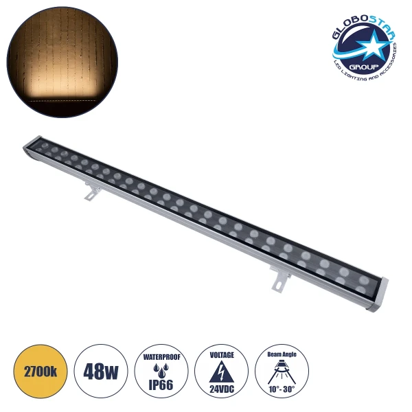 GLOBOSTAR® WASHERMOZA 90158 Μπάρα Φωτισμού Wall Washer LED 48W 5200lm 10-30° DC 24V Αδιάβροχο IP66 Θερμό Λευκό 2700K Dimmable - Bridgelux SMD Chip - Γκρι Ανθρακί - Μ100 x Π8 x Υ12cm - 3 Χρόνια Εγγύηση
