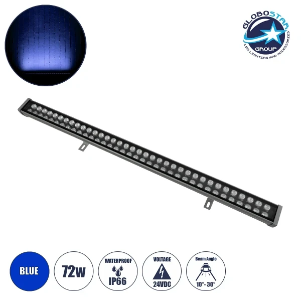 GLOBOSTAR® WASHERMOZA 90168 Μπάρα Φωτισμού Wall Washer LED 72W 6120lm 10-30° DC 24V Αδιάβροχο IP66 Μπλε Dimmable - Bridgelux SMD Chip - Γκρι Ανθρακί - Μ100 x Π14 x Υ7cm - 3 Χρόνια Εγγύηση