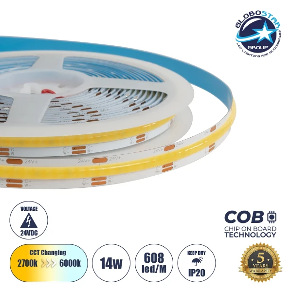 GLOBOSTAR® BEE 70349 Ταινία LED 14W/m 1540lm/m 120° DC 24V IP20 608 x COB Chip/m Ρυθμιζόμενο Λευκό CCT από 2700K έως 6000K Dimmable - Μ500 x Π1 x Υ0.2cm - Ρολό 5 Μέτρων - 5 Χρόνια Εγγύηση