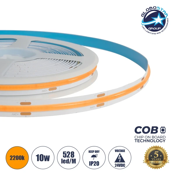 GLOBOSTAR® BEE 70353 Ταινία LED 10W/m 800lm/m 120° DC 24V IP20 528 x COB Chip/m Ultra Θερμό Λευκό 2200K Dimmable - Μ500 x Π1 x Υ0.2cm - Ρολό 5 Μέτρων - 5 Χρόνια Εγγύηση
