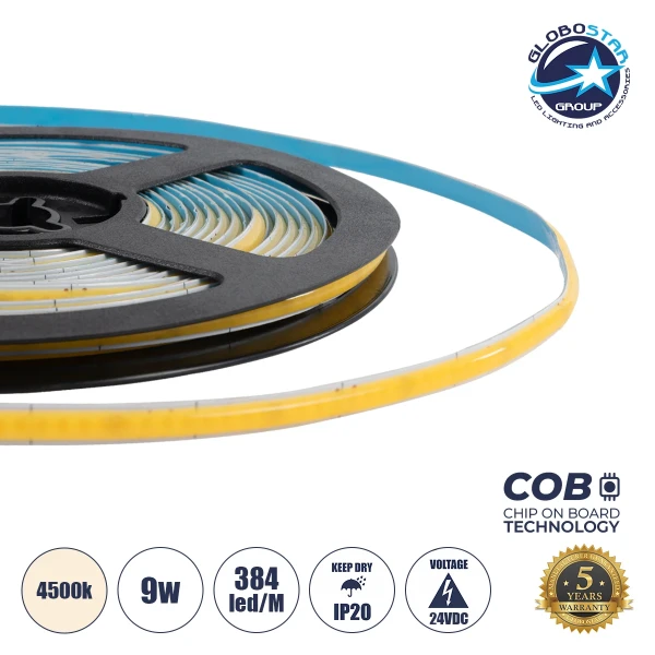 GLOBOSTAR® BEE 70356 Ταινία LED 9W/m 900lm/m 120° DC 24V IP20 384 x COB Chip/m Φυσικό Λευκό 4500K Dimmable - Μ500 x Π0.5 x Υ0.2cm - Ρολό 5 Μέτρων - 5 Χρόνια Εγγύηση