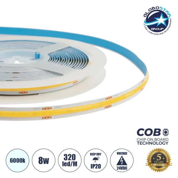 GLOBOSTAR® BEE 70359 Ταινία LED 8W/m 880lm/m 120° DC 24V IP20 320 x COB Chip/m Ψυχρό Λευκό 6000K Dimmable - Μ500 x Π0.8 x Υ0.2cm - Ρολό 5 Μέτρων - 5 Χρόνια Εγγύηση