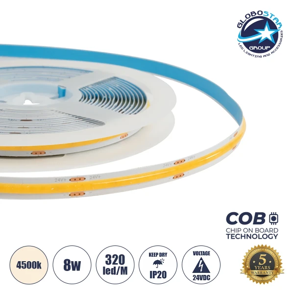 GLOBOSTAR® BEE 70360 Ταινία LED 8W/m 800lm/m 120° DC 24V IP20 320 x COB Chip/m Φυσικό Λευκό 4500K Dimmable - Μ500 x Π0.8 x Υ0.2cm - Ρολό 5 Μέτρων - 5 Χρόνια Εγγύηση