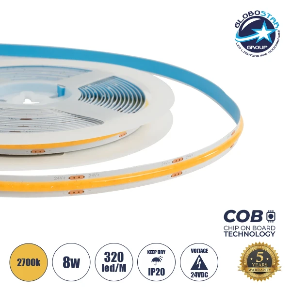 GLOBOSTAR® BEE 70361 Ταινία LED 8W/m 720lm/m 120° DC 24V IP20 320 x COB Chip/m Θερμό Λευκό 2700K Dimmable - Μ500 x Π0.8 x Υ0.2cm - Ρολό 5 Μέτρων - 5 Χρόνια Εγγύηση