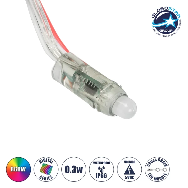 GLOBOSTAR® MODULARI 73720 Digital Pixel Module LED 0.3W 24lm 120° DC 5V Αδιάβροχο IP66 Πολύχρωμο RGBW Dimmable - Μ3,6 x Π1.3 x Υ1.3cm - Πακέτο 50 Τεμαχίων - 3 Χρόνια Εγγύηση