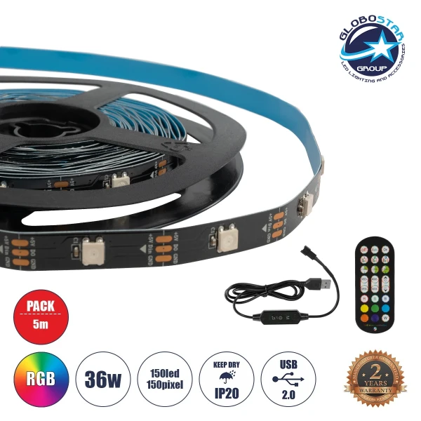 GLOBOSTAR® DIGISTRIP 90757 Σετ Ψηφιακής Pixel Addressable Ταινίας με IR Ασύρματο Χειριστήριο LED 36W/5m 2880lm/5m 120° DC 5V με USB 2.0 IP20 150 x SMD5050 Chip/5m 150 x Pixel/5m Πολύχρωμο RGB Dimmable SPI/TTL Protocol - Μ500 x Π1 x Υ0.2cm - Ρολό 5 Μέτρων 