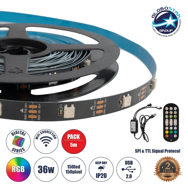 GLOBOSTAR® DIGISTRIP 90758 Σετ Ψηφιακής Pixel Addressable Ταινίας με IR Ασύρματο Χειριστήριο & Λειτουργία μέσω WiFi APP LED 36W 2160lm 120° DC 5V με USB 2.0 IP20 150 x SMD5050 Chip 150 x Pixel Πολύχρωμο RGB Dimmable SPI/TTL Protocol - Sanan SMD Chip - Μ50