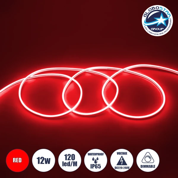 GLOBOSTAR® NEOVALE 70573 Ταινία Neon Flex LED 12W/m 600lm/m 120° DC 220-240V Αδιάβροχο IP65 120 x SMD2835 Chip/m Κόκκινο Dimmable - Sanan SMD Chip - Μ100 x Π0.8 x Υ1.6cm - 3 Χρόνια Εγγύηση