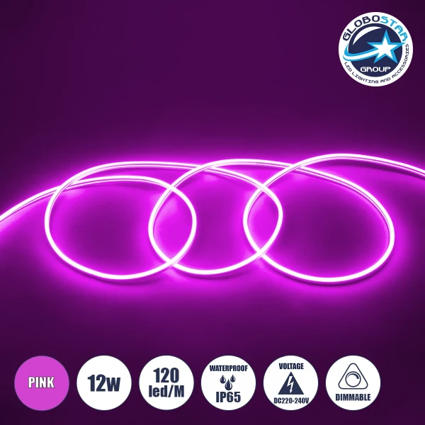 GLOBOSTAR® NEOVALE 70577 Ταινία Neon Flex LED 12W/m 600lm/m 120° DC 220-240V Αδιάβροχο IP65 120 x SMD2835 Chip/m Ροζ Dimmable - Sanan SMD Chip - Μ100 x Π0.8 x Υ1.6cm - 3 Χρόνια Εγγύηση