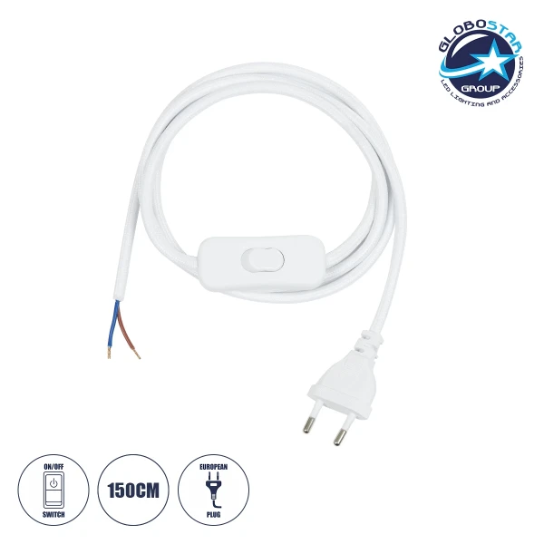 GLOBOSTAR® WHIP 77671 Μοντέρνο DIY Υφασμάτινο Καλώδιο με Διακόπτη On/Off AC 220-240V IP20 - Λευκό - Μ140 x Π2.7 x Υ1.9cm