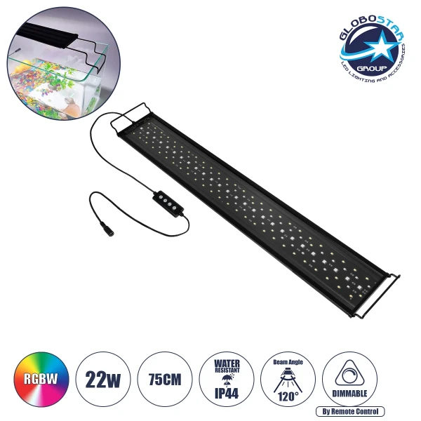 GLOBOSTAR® AQUARIUS 79681 Φωτιστικό Ενυδρείου με Ενσωματωμένο Χειριστήριο LED 22W 1100lm 120° AC 220-240V Αδιάβροχο IP44 Πολύχρωμο RGBW Dimmable - Sanan SMD Chip - Μαύρο - Μ75 x Π11 x Υ3cm - 2 Χρόνια Εγγύηση