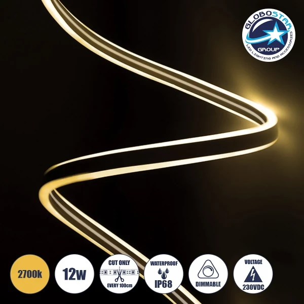 GLOBOSTAR® DOUBLESIDED 70492 Ταινία Neon Flex LED 12W/m 840lm/m 240° DC DC 220-240V Αδιάβροχο IP65 120 x SMD2835 Chip/m Θερμό Λευκό 2700K Dimmable - Sanan SMD Chip - Μ100 x Π0.8 x Υ1.6cm - 3 Χρόνια Εγγύηση
