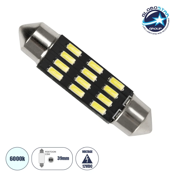 GloboStar® C5W 81303 Λάμπα Αυτοκίνητου 39mm FESTOON - LED 12 SMD 5630 1.05W 114lm 120° DC 12V IP20 Ψυχρό Λευκό 6000K