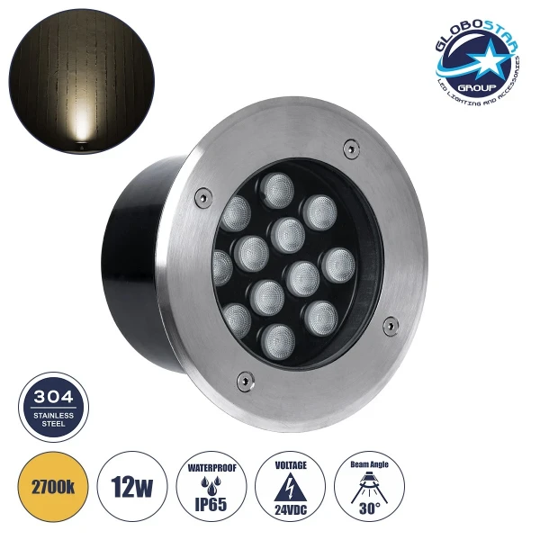 GLOBOSTAR® UNDERGROUND-TINA 90667 Χωνευτό Αρχιτεκτονικο Φωτιστικό Σποτ Δαπέδου LED 12W 1320lm 30° DC 24V Αδιάβροχο IP65 Θερμό Λευκό 2700K Dimmable - Ανοξείδωτο Ατσάλι 304 - Φ16 x Υ9cm / Q14cm - 3 Χρόνια Εγγύηση