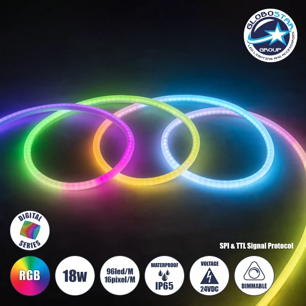 GLOBOSTAR® NEOTUBE 70589 Ψηφιακή Pixel Addressable Ταινία Neon Flex LED 18W/m 900lm/m 360° DC 24V Αδιάβροχο IP65 96 x SMD5050 Chip/m 16 x Pixel/m Πολύχρωμο RGB Dimmable SPI/TTL Protocol IC WS2811 - Sanan SMD Chip - Μ100 x Π2.1 x Υ2.1cm - 3 Χρόνια Εγγύηση