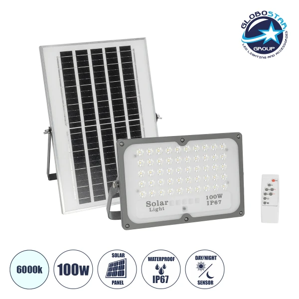 GLOBOSTAR® LUMOVOX 73067 Προβολέας LED 100W 5000lm 120° DC 5V με Φωτοβολταϊκό Panel 5V 8W & Επαναφορτιζόμενη Μπαταρία Li-ion 3.2V 5000mAh Αδιάβροχο IP67 Ψυχρό Λευκό 6000K - 120 x SMD2835 Sanan Chip - Γκρι Ανθρακί - Μ25 x Π5.5 x Υ17.5cm - 2 Χρόνια Εγγύηση