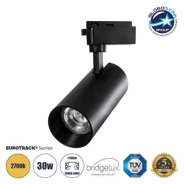 GLOBOSTAR® LUGANO 60817 Μονοφασικό Σποτ Ράγας LED 30W 3600lm 36° AC 220-240V IP20 Θερμό Λευκό 2700K - Bridgelux COB Chip & TÜV SÜD Driver - Eurotrack 1PH - Μαύρο Ματ - Μ7.5 x Π7.5 x Υ22cm - 5 Χρόνια Εγγύηση