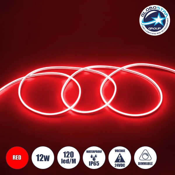 GLOBOSTAR® NEOVALE 70563 Ταινία Neon Flex LED 12W/m 600lm/m 120° DC 24V Αδιάβροχο IP65 120 x SMD2835 Chip/m Κόκκινο Dimmable - Sanan SMD Chip - Μ100 x Π0.8 x Υ1.6cm - 3 Χρόνια Εγγύηση