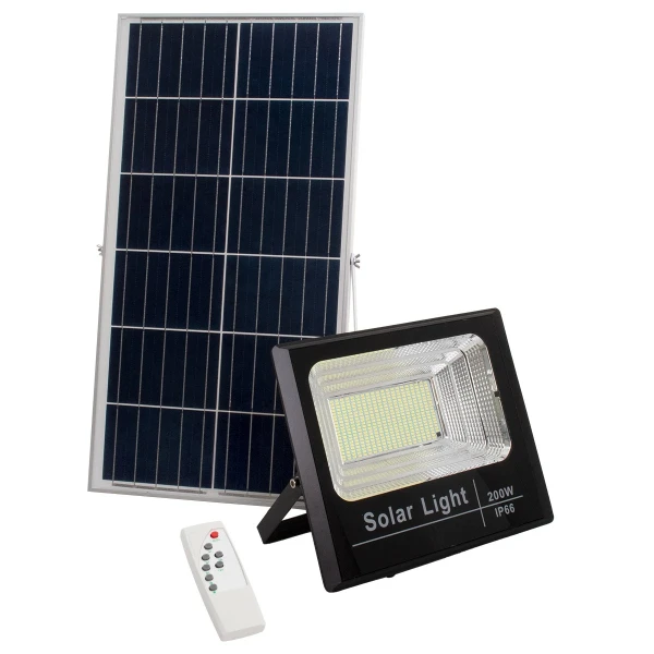 GLOBOSTAR® HERMES 71558 Προβολέας με IR Ασύρματο Χειριστήριο LED 200W 10000lm 120° DC 5V με Φωτοβολταϊκό Panel 5V 20W & Επαναφορτιζόμενη Μπαταρία Li-ion 3.2V 20000mAh Αδιάβροχο IP66 Ψυχρό Λευκό 6000K Dimmable - Sanan SMD Chip - Μαύρο - Μ35 x Π29 x Υ7.5cm 