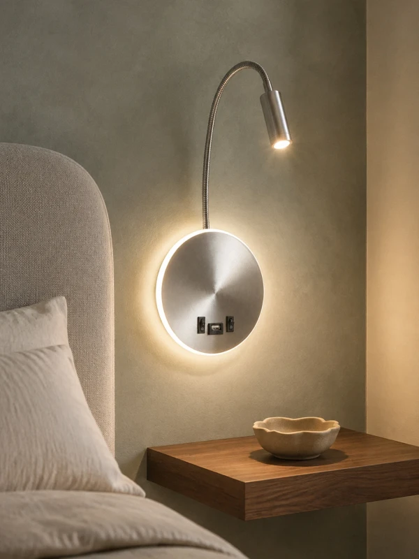 GLOBOSTAR® GOOSE 61696 Μοντέρνο Φωτιστικό Τοίχου - Απλίκα Ξενοδοχείου Reading Light με Φορτιστή USB 3A LED 6W 540lm 36° & 360° AC 220-240V IP20 Θερμό Λευκό 2700K - CREE XPE & Lumileds SMD Chip - Νίκελ Βούρτσας - Μ15.5 x Π15 x Υ30.5cm - 3 Χρόνια Εγγύηση