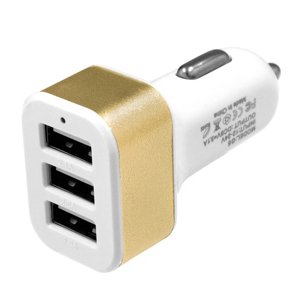 Globostar® 79505 Χρυσός Φορτιστής Αυτοκινήτου DC 12-24V με 3 Εξόδους USB DC 5V Max 3.1A 20W και Καλώδιο USB σε Type-C