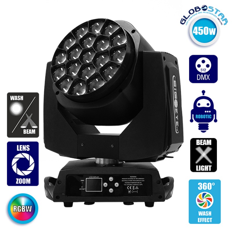 Κινούμενη Ρομποτική Κεφαλή Atlas HAWKEYE 2 K10 BEE EYE PRO 4in1 BEAM - WASH - ROTATION - ZΟΟΜ 4°-60° 19*15 Watt OSRAM LED RGBW 450W 230V DMX512 GloboStar 51151