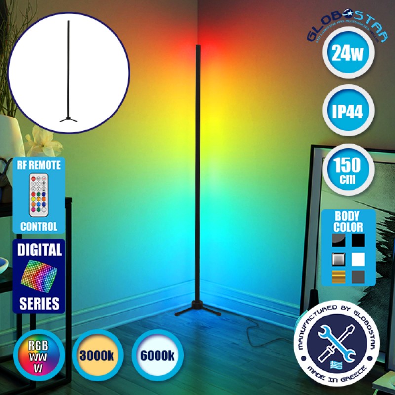Μοντέρνο Minimal Επιδαπέδιο Μαύρο Φωτιστικό 150cm LED 24 Watt με Ασύρματο Χειριστήριο 2.4G RF & Dimmer RGBW+WW Πολύχρωμο Digital Magic Dot Pixel GloboStar ALIEN Design GLOBO-150-11