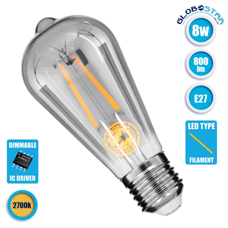 GloboStar® 99076 Λάμπα E27 ST64 Αχλάδι LED LONG FILAMENT 8W 800 lm 320° AC 85-265V Edison Retro με Φιμέ Γυαλί Θερμό Λευκό 2700 K Dimmable