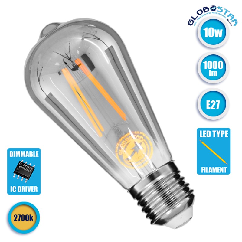 GloboStar® 99077 Λάμπα E27 ST64 Αχλάδι LED LONG FILAMENT 10W 1000 lm 320° AC 85-265V Edison Retro με Φιμέ Γυαλί Θερμό Λευκό 2700 K Dimmable