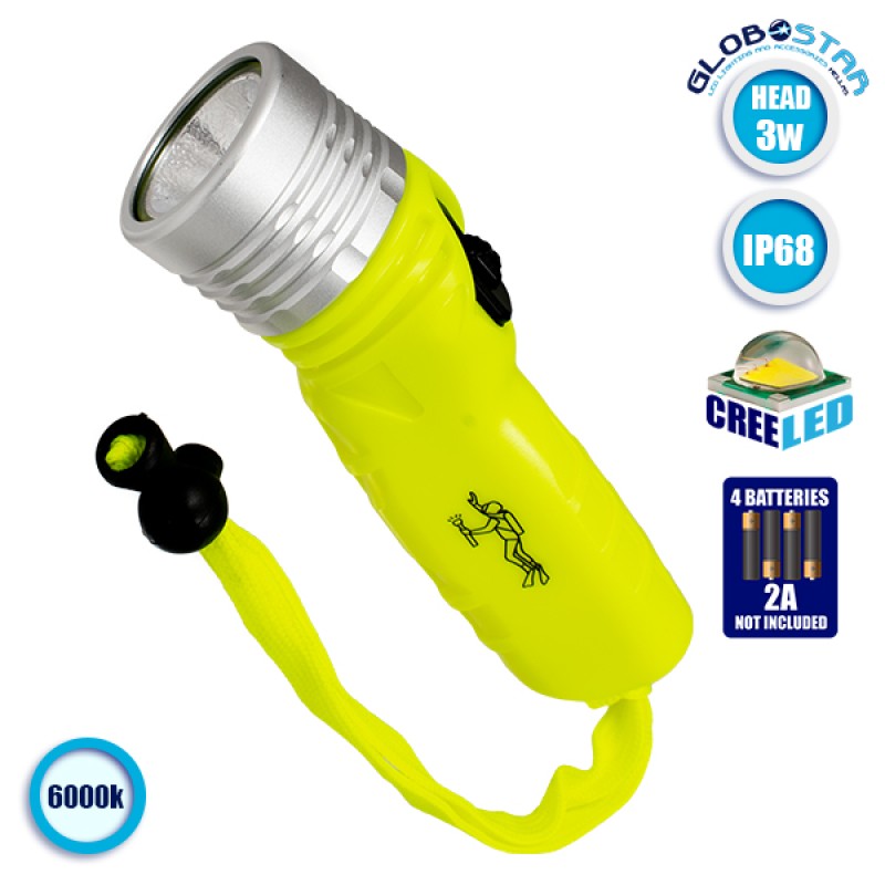 GloboStar® 79027 Αδιάβροχος Καταδυτικός Φορητός Φακός LED COB IP68 3W 300lm Ψυχρό Λευκό 6000K